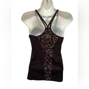 VSX Victoria’s Secret Black Strappy Tank Top SZ S Black Logo Printed Shelf Bra